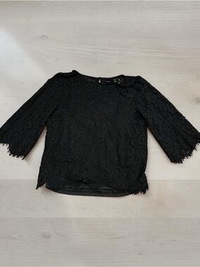 Black Lace Women's Top - Elegant Semi-Sheer Blouse with cami underneath